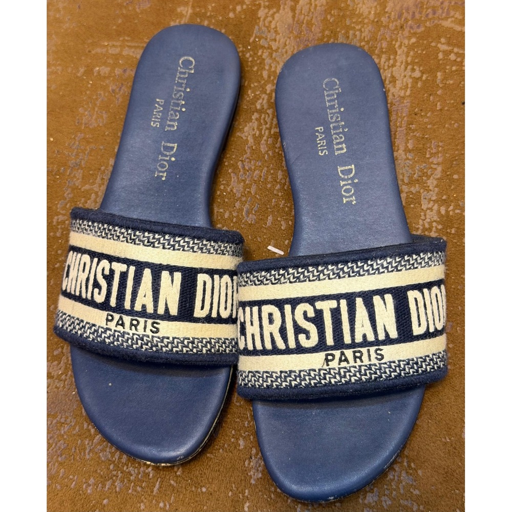 Christian Dior Dway Slide Sandals Navy Blue Cream Logo Embroidered Flat Slides